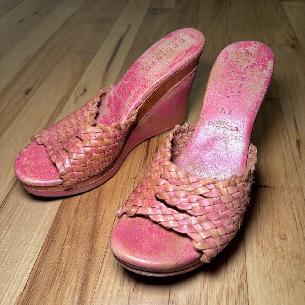 Bed Stu Woven Leather Wood Distressed Wedges - Picture 2 of 9